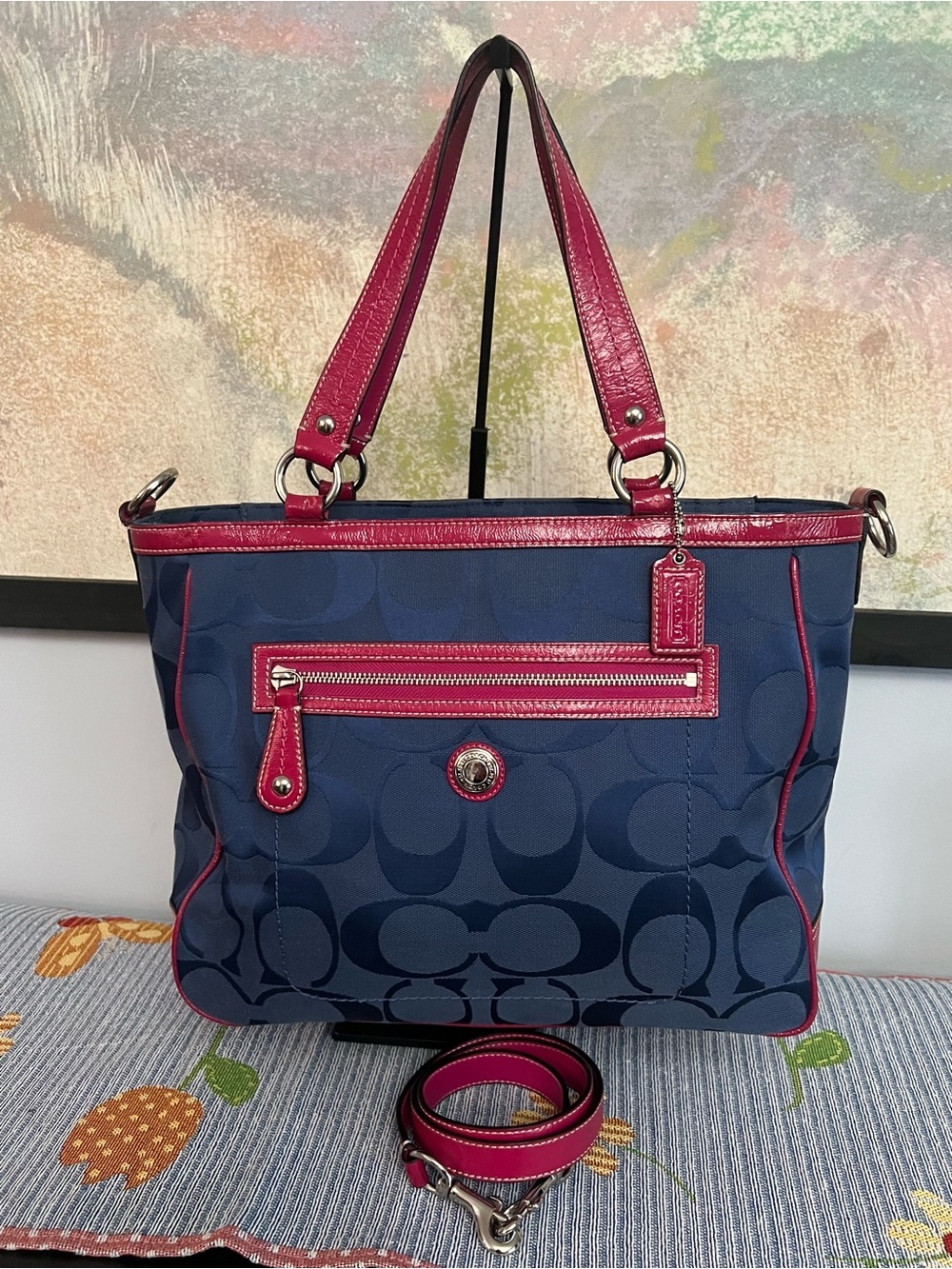 Coach 2010 Pink and Navy Signature Laura Tote Bag